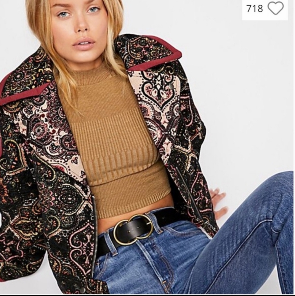 FREE PEOPLE Labyrinth Jacquard Moto Black Tapestry Coat RARE $268 SRP XS
